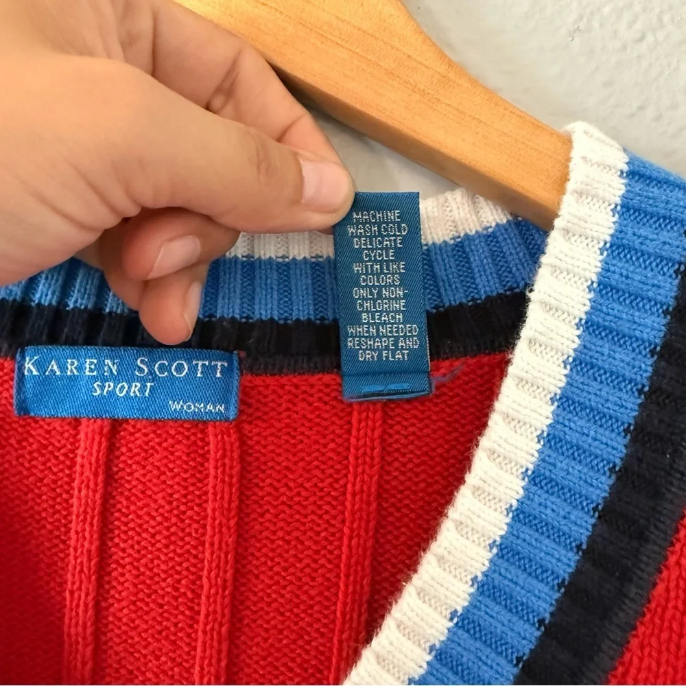 Vintage Karen Scott Sport Red Cotton Cable Knit V-Neck Sweater Women's Size 1X